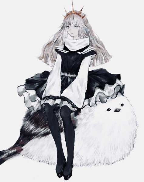 Anime picture 1618x2048 with original shirone (coxo ii) single long hair tall image fringe blue eyes simple background white background sitting payot looking away full body long sleeves grey hair hands in sleeves girl dress animal pantyhose