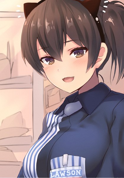 Anime picture 684x977 with kantai collection kaga aircraft carrier dyson (edaokunnsaikouya) single tall image looking at viewer blush fringe short hair breasts open mouth hair between eyes brown hair brown eyes animal ears upper body cat ears fang (fangs) alternate costume fake animal ears
