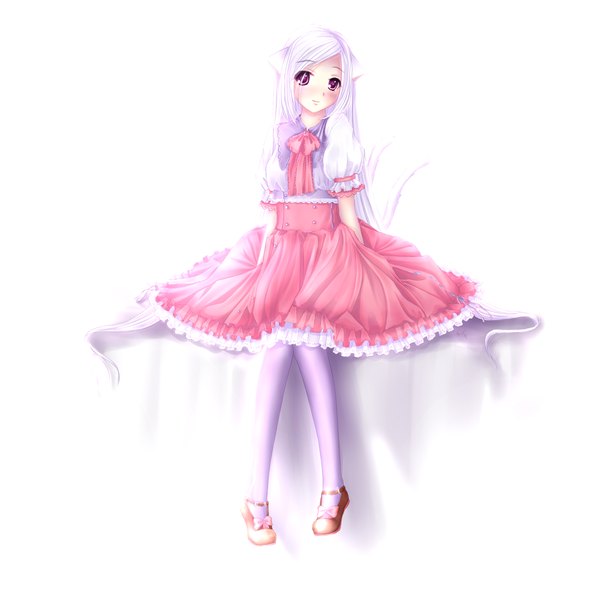 Anime picture 1700x1700 with original ximbixill single looking at viewer simple background white background sitting purple eyes white hair very long hair girl dress