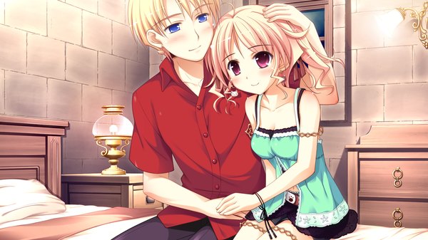Anime picture 1920x1080 with shukufuku no campanella agnes boulange leicester maycraft blush highres short hair blue eyes blonde hair smile red eyes wide image game cg couple girl boy bed
