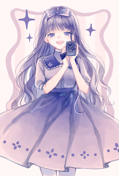 Anime picture 600x888 with card captor sakura clamp daidouji tomoyo yuari kim single long hair tall image looking at viewer fringe open mouth simple background smile standing purple eyes holding signed purple hair :d pleated skirt sparkle