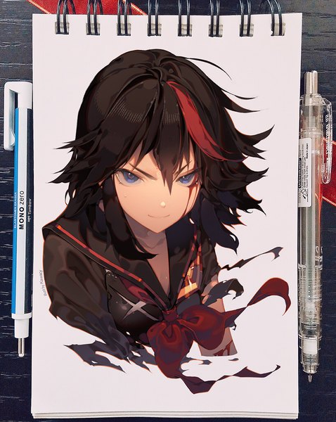 Anime picture 815x1024 with kill la kill studio trigger matoi ryuuko senketsu kawacy single long hair tall image looking at viewer fringe blue eyes black hair smile hair between eyes signed multicolored hair two-tone hair streaked hair torn clothes sweatdrop