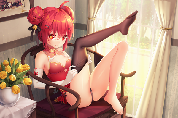 Anime picture 2000x1333 with original vivian (mvv) mvv single looking at viewer blush fringe highres short hair light erotic hair between eyes red eyes sitting signed payot full body ahoge red hair indoors traditional clothes