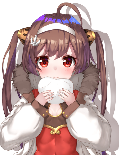 Anime picture 1387x1802 with azur lane ping hai (azur lane) yuuki nao (pixiv10696483) single long hair tall image looking at viewer blush simple background red eyes brown hair white background twintails holding upper body ahoge open jacket shadow fur trim cute