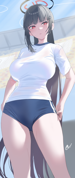 Anime picture 837x1986 with blue archive rio (blue archive) dai00888 single tall image fringe breasts light erotic black hair red eyes standing signed looking away ponytail blunt bangs very long hair short sleeves alternate costume sweatdrop alternate hairstyle