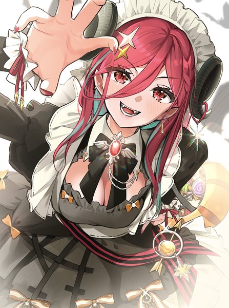 Anime picture 2314x3107 with original tate yukimi single long hair tall image looking at viewer fringe highres breasts open mouth light erotic hair between eyes red eyes large breasts cleavage red hair :d horn (horns) pointy ears halloween