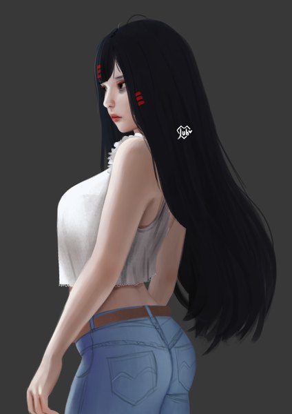 Anime picture 2480x3508 with original alyssa (jubi) jubi (regiana) single long hair tall image highres breasts black hair simple background large breasts signed looking away profile black eyes lipstick dark background red lipstick arched back girl