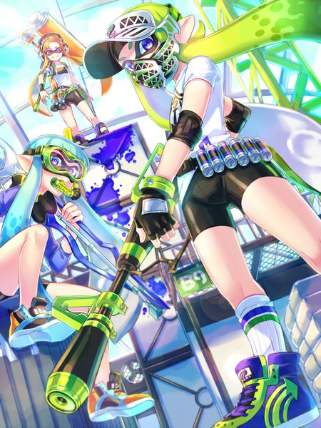 Anime picture 1000x1333 with splatoon nintendo inkling zoff (daria) long hair tall image looking at viewer fringe smile standing sitting purple eyes multiple girls holding blue hair sky cloud (clouds) full body bent knee (knees) green hair