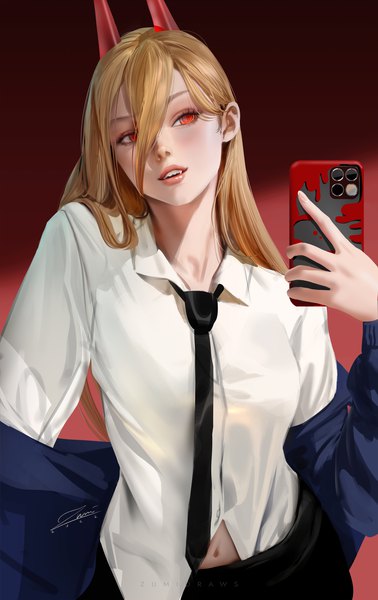 Anime picture 2212x3508 with chainsaw man mappa power (chainsaw man) zumi (zumidraws) single long hair tall image looking at viewer blush fringe highres open mouth simple background blonde hair hair between eyes red eyes standing signed upper body long sleeves
