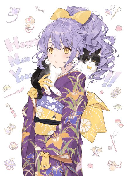 Anime picture 875x1200 with original horiizumi inko single long hair tall image white background yellow eyes looking away purple hair traditional clothes japanese clothes :o floral print wavy hair new year happy new year girl bow hair bow earrings