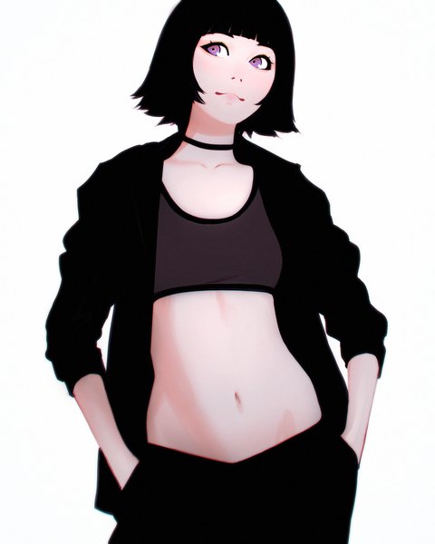 Anime picture 1280x1600 with original ilya kuvshinov single tall image short hair black hair smile white background purple eyes looking away upper body open clothes open jacket midriff looking up hands in pockets sleeves pushed up girl navel choker