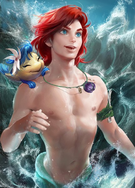 Anime picture 759x1052 with the little mermaid disney ariel flounder (the little mermaid) sakimichan tall image short hair open mouth blue eyes smile nipples red hair realistic topless genderswap boy navel pendant fish (fishes) armband