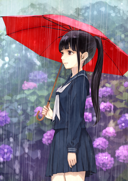 Anime picture 1447x2047 with original ashiya hiro single tall image fringe black hair standing holding brown eyes payot looking away outdoors ponytail blunt bangs pleated skirt blurry depth of field rain girl skirt