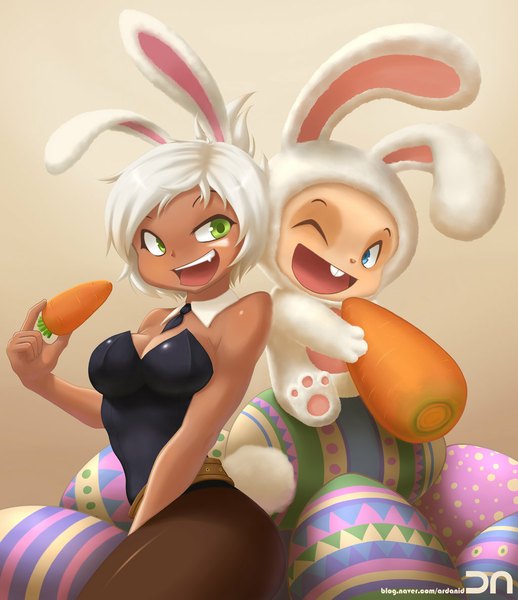 Anime picture 1024x1186 with league of legends riven (league of legends) teemo (league of legends) battle bunny riven nestkeeper tall image short hair breasts open mouth blue eyes smile large breasts green eyes white hair one eye closed wink girl bunnysuit vegetables carrot