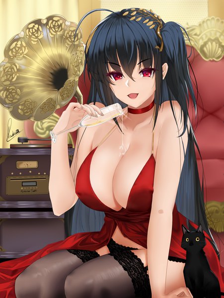 Anime picture 1756x2336 with azur lane taihou (azur lane) taihou (forbidden feast) (azur lane) piukute062 single long hair tall image looking at viewer fringe highres breasts open mouth light erotic black hair smile hair between eyes red eyes large breasts sitting bare shoulders