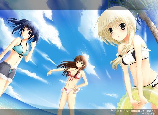 Anime picture 3506x2550 with original annafida sayuri hanazawa sari kopianget long hair blush highres short hair open mouth blue eyes blonde hair brown hair twintails multiple girls brown eyes blue hair absurdres sky cloud (clouds) inscription