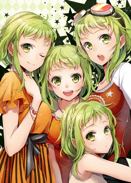 Anime picture 600x839 with vocaloid megpoid (vocaloid3) gumi yuzuki kihiro tall image looking at viewer blush fringe short hair breasts open mouth smile standing multiple girls green eyes braid (braids) :d one eye closed green hair light smile