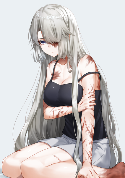 Anime picture 900x1275 with original lydia macarthur waka (shark waka) single tall image fringe breasts blue eyes simple background sitting bare shoulders payot cleavage silver hair full body bent knee (knees) very long hair parted lips looking back barefoot