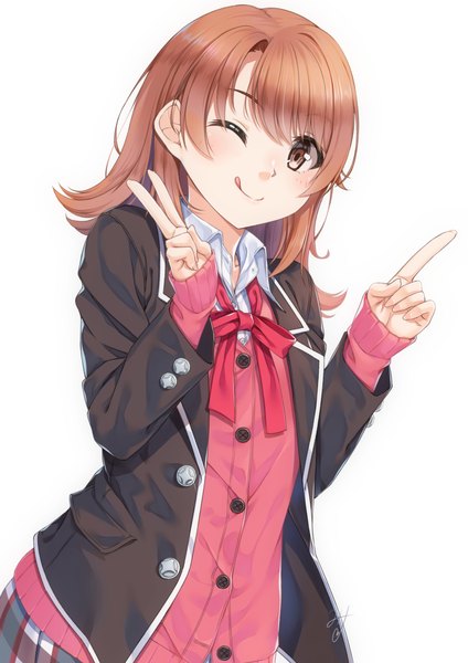 Anime picture 827x1169 with yahari ore no seishun love comedy wa machigatteiru. brains base (studio) isshiki iroha miri (ago550421) single tall image looking at viewer blush fringe short hair simple background smile brown hair white background brown eyes upper body one eye closed wink open clothes sleeves past wrists