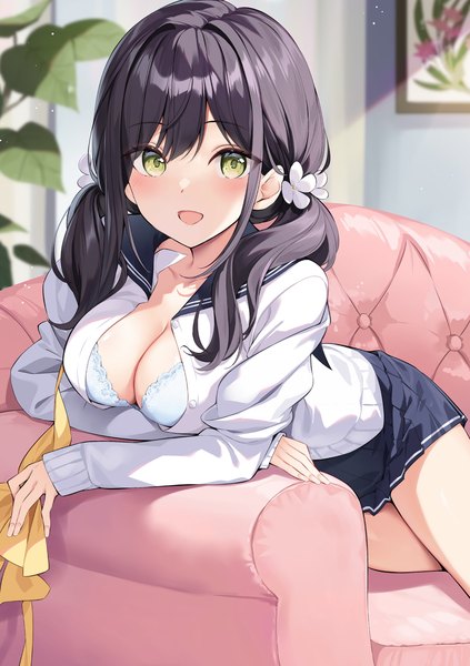 Anime picture 1241x1761 with original oryou single long hair tall image looking at viewer blush fringe breasts open mouth light erotic black hair smile hair between eyes large breasts sitting twintails yellow eyes cleavage indoors