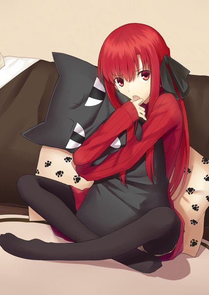 Anime picture 680x960 with original kushia microphylla kauto single long hair tall image looking at viewer fringe open mouth red eyes sitting animal ears red hair cat ears shadow no shoes hug crossed legs indian style footprints