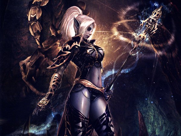 Anime picture 1600x1200 with lineage (game) highres silver hair pointy ears realistic elf blue skin dark elf armor scepter