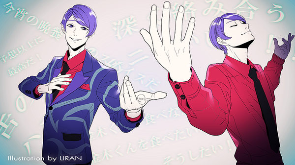 Anime picture 900x506 with tokyo ghoul studio pierrot tsukiyama shuu liran (iro) looking at viewer short hair smile wide image signed purple hair eyes closed grin hand on chest multiview shirt necktie red shirt