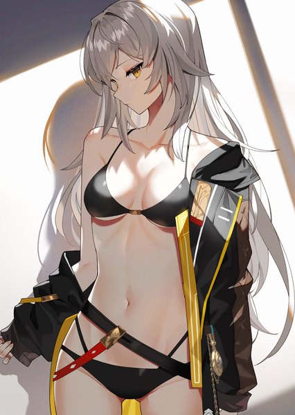Anime picture 696x980 with honkai: star rail honkai (series) trailblazer (honkai: star rail) stelle (honkai: star rail) scottie (phantom2) single long hair tall image looking at viewer breasts light erotic standing yellow eyes silver hair profile off shoulder open jacket shadow underboob girl