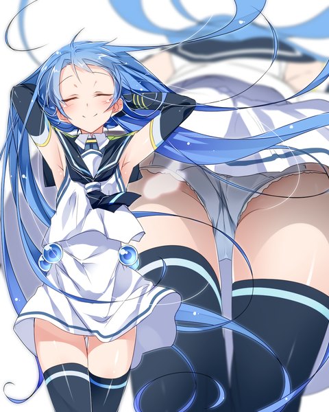Anime picture 2048x2560 with kantai collection samidare destroyer mtu (orewamuzituda) single tall image blush highres light erotic simple background smile white background blue hair eyes closed very long hair arms up from below armpit (armpits) sleeves past wrists arms behind head lace-trimmed panties