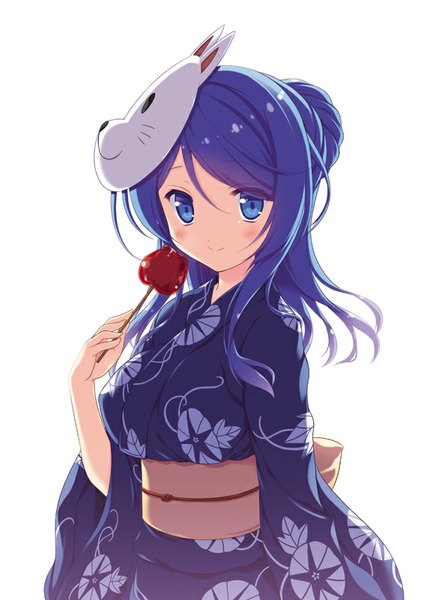 Anime picture 566x800 with kantai collection urakaze destroyer odawara hakone single long hair tall image looking at viewer fringe blue eyes simple background smile white background holding purple hair upper body long sleeves traditional clothes japanese clothes wide sleeves hair bun (hair buns)