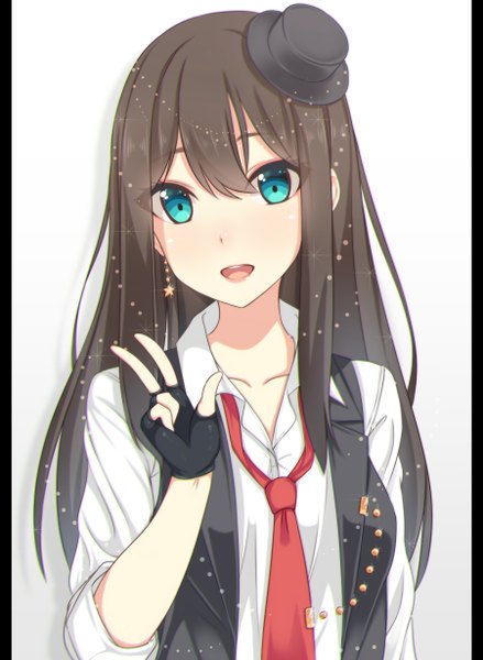 Anime picture 900x1230 with idolmaster idolmaster cinderella girls shibuya rin hiiragi hajime single long hair tall image looking at viewer fringe open mouth blue eyes simple background brown hair white background sparkle victory open collar rocking school girl gloves