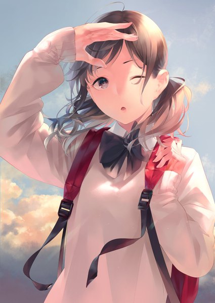 Anime picture 830x1172 with original sousou (sousouworks) single long hair tall image brown hair twintails looking away sky cloud (clouds) upper body one eye closed wind black eyes low twintails girl uniform school uniform bowtie sweater