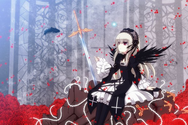 Anime picture 1800x1200 with rozen maiden suigintou uiu single long hair highres simple background sitting purple eyes looking away silver hair black wings lolita fashion goth-loli girl dress flower (flowers) ribbon (ribbons) weapon hair ribbon