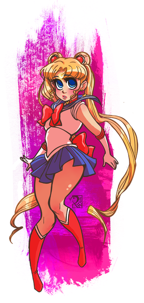 Anime picture 536x1124 with bishoujo senshi sailor moon toei animation tsukino usagi sailor moon peach-mork single tall image blue eyes blonde hair twintails signed full body very long hair pleated skirt lips hair bun (hair buns) looking up pink background transparent background girl