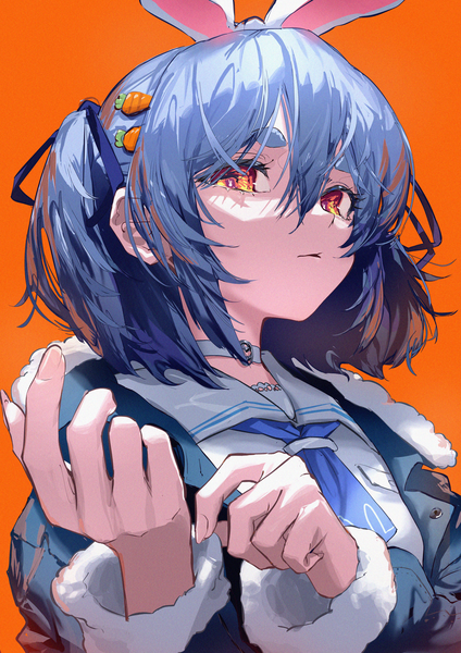 Anime picture 2894x4093 with virtual youtuber hololive usada pekora roitz ( roitz ) single tall image looking at viewer fringe highres short hair simple background hair between eyes animal ears blue hair upper body orange eyes two side up bunny ears eyebrows orange background