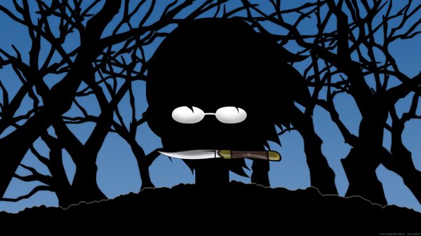 Anime picture 1820x1024 with sayonara zetsubou sensei shaft (studio) itoshiki nozomu single highres short hair wide image holding sky upper body mouth hold vector silhouette bare tree boy weapon plant (plants) tree (trees) glasses knife