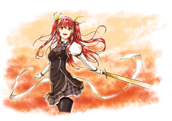Anime picture 1520x1075 with rakudai kishi no cavalry stella vermillion sogetsu single long hair fringe breasts open mouth red eyes twintails looking away red hair girl thighhighs skirt uniform ribbon (ribbons) weapon black thighhighs hair ribbon