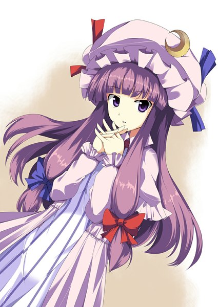 Anime picture 800x1130 with touhou patchouli knowledge fujy single long hair tall image looking at viewer purple eyes purple hair girl dress bow hair bow bonnet