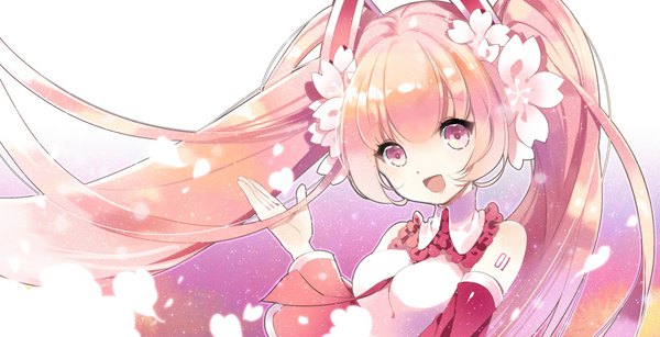 Anime picture 1093x561 with vocaloid hatsune miku sakura miku seal (pukozin) single long hair looking at viewer open mouth wide image twintails bare shoulders pink hair pink eyes hair flower girl hair ornament detached sleeves petals