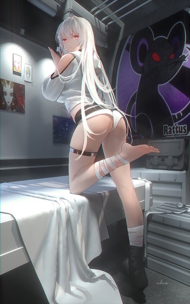 Anime picture 700x1120 with closers mirae (closers) swd3e2 single long hair tall image looking at viewer fringe breasts light erotic hair between eyes red eyes standing signed full body bent knee (knees) ass white hair indoors looking back