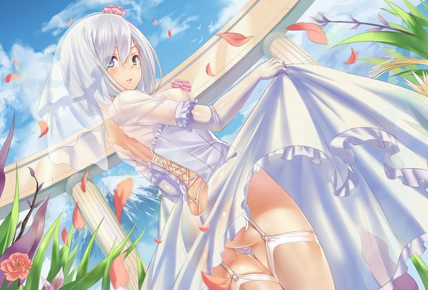 Anime picture 1271x863 with kantai collection hamakaze destroyer shoutai (7490773) blush short hair blue eyes light erotic sky cloud (clouds) white hair looking back pantyshot wedding girl thighhighs dress gloves underwear panties flower (flowers)