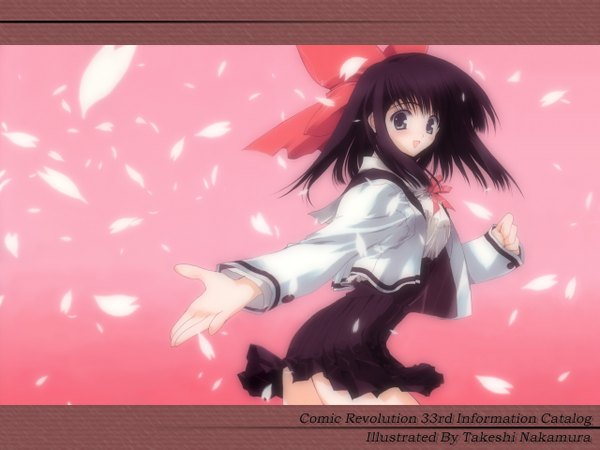 Anime picture 1280x960 with original nakamura takeshi blush short hair open mouth black hair simple background signed wind pink background girl uniform bow hair bow school uniform petals