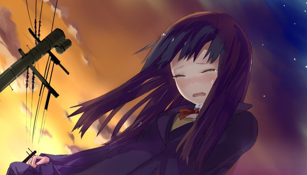 Anime picture 1400x800 with original mazonano (artist) single long hair blush open mouth black hair wide image sky cloud (clouds) eyes closed wind tears evening sunset crying girl uniform school uniform cloak