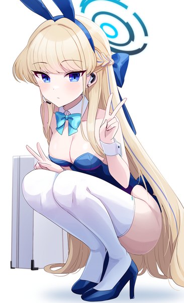 Anime picture 732x1200 with blue archive toki (blue archive) toki (bunny) (blue archive) sakura ran single long hair tall image looking at viewer blush fringe breasts blue eyes light erotic simple background blonde hair large breasts white background bare shoulders animal ears cleavage