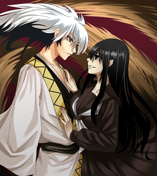 Anime picture 804x900 with nurarihyon no mago nura rikuo hagoromo gitsune gogoti (go gotea) long hair tall image fringe breasts black hair large breasts looking away white hair tail traditional clothes japanese clothes animal tail multicolored hair light smile two-tone hair orange eyes