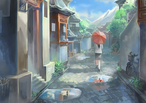 Anime picture 1754x1240 with original streamingsun single long hair highres black hair sky cloud (clouds) from behind mountain girl skirt plant (plants) water umbrella chair ground vehicle house bicycle