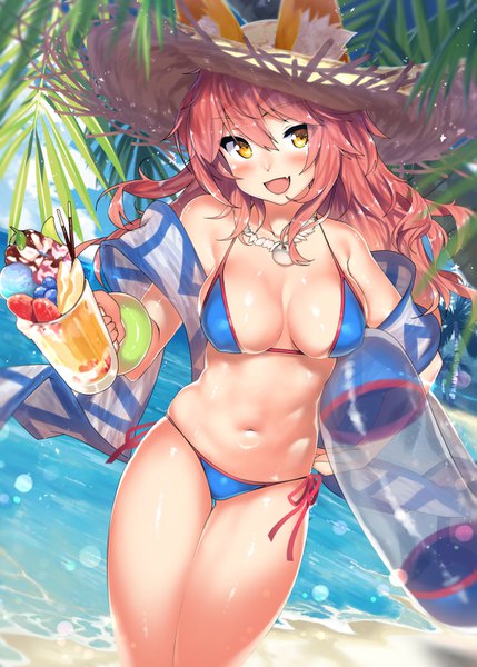 Anime picture 1037x1450 with fate (series) fate/grand order tamamo (fate) (all) tamamo no mae (swimsuit lancer) (fate) kawai (purplrpouni) single long hair tall image looking at viewer blush fringe breasts open mouth light erotic hair between eyes large breasts standing bare shoulders holding animal ears