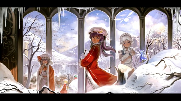 Anime picture 1200x675 with touhou flandre scarlet remilia scarlet izayoi sakuya patchouli knowledge cirno hong meiling yuushoku long hair blush blonde hair red eyes wide image multiple girls blue hair sky purple hair cloud (clouds) white hair red hair