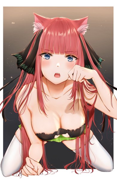 Anime picture 1336x2048 with go-toubun no hanayome nakano nino uiri-na single long hair tall image looking at viewer blush fringe breasts open mouth blue eyes light erotic simple background large breasts bare shoulders animal ears payot red hair blunt bangs