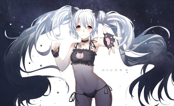 Anime picture 2000x1214 with original yeluno meng single looking at viewer highres light erotic smile red eyes wide image twintails animal ears white hair very long hair cat ears underwear only girl gloves navel underwear panties